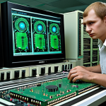 **Prompt:** A determined Russian engineer in a modern lab, surrounded by circuit boards and Elbrus processors, working on retro-engineering a Western chip design, with the phrase "Technological Independence" subtly glowing in Cyrillic on a monitor.