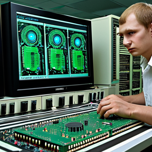 Home 15 **Prompt:** A determined Russian engineer in a modern lab, surrounded by circuit boards and Elbrus processors, working on retro-engineering a Western chip design, with the phrase "Technological Independence" subtly glowing in Cyrillic on a monitor.