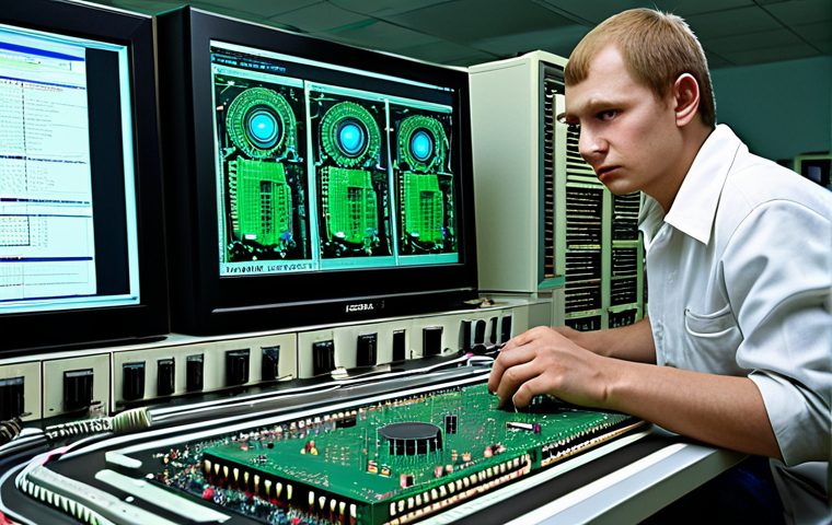 **Prompt:** A determined Russian engineer in a modern lab, surrounded by circuit boards and Elbrus processors, working on retro-engineering a Western chip design, with the phrase "Technological Independence" subtly glowing in Cyrillic on a monitor.