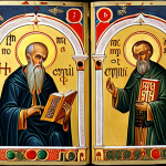 **Image of Saints Cyril and Methodius:** "Saints Cyril and Methodius creating the Glagolitic and Cyrillic alphabets, illuminated manuscript style, religious iconography, gold leaf accents, old Slavonic script, historical setting, soft lighting."