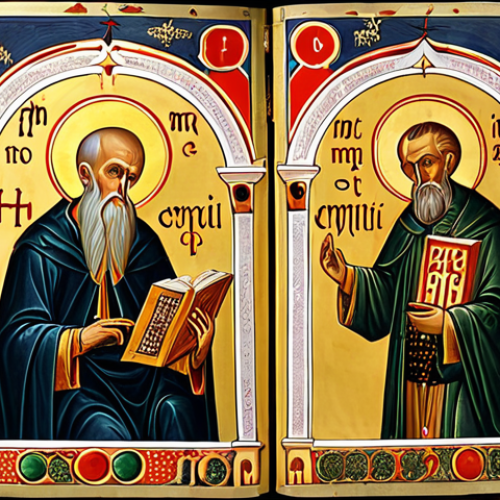 Home 14 **Image of Saints Cyril and Methodius:** "Saints Cyril and Methodius creating the Glagolitic and Cyrillic alphabets, illuminated manuscript style, religious iconography, gold leaf accents, old Slavonic script, historical setting, soft lighting."