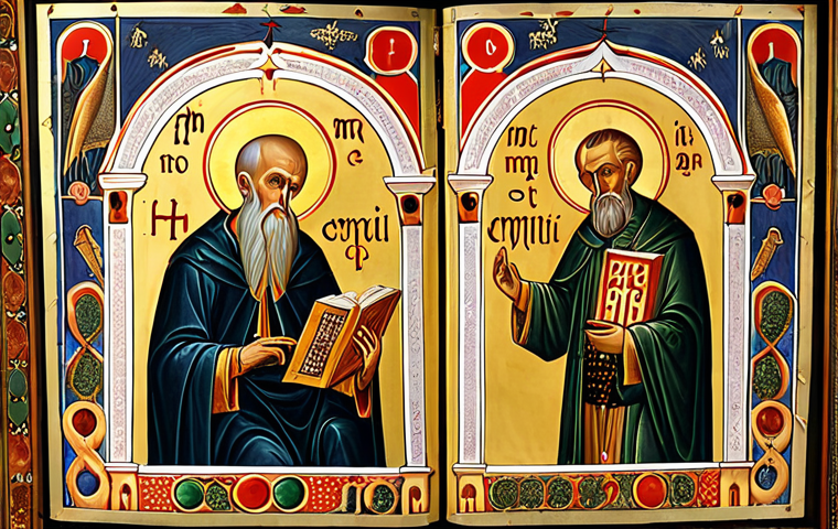**Image of Saints Cyril and Methodius:** "Saints Cyril and Methodius creating the Glagolitic and Cyrillic alphabets, illuminated manuscript style, religious iconography, gold leaf accents, old Slavonic script, historical setting, soft lighting."